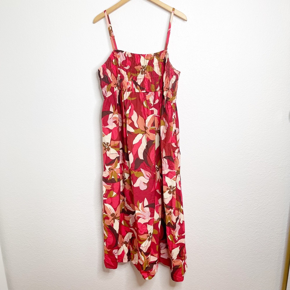 A‎ New Day Red Floral Smocked Midi Dress XXL Adjustable Straps Pockets Womens